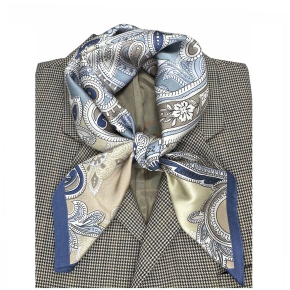 Unbranded Other - ✨Luxury Elegant Silky Square Scarf Navy Blue Silver Gray Tan Paisley Print Wrap✨